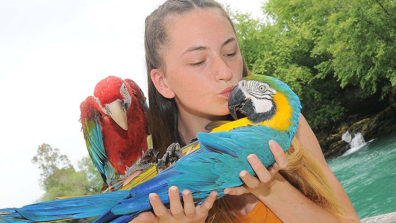 Viktória Rusnáková si zapózovala s obľúbenou turistickou atrakciou - papagájmi pri vodopáde Manavgat.